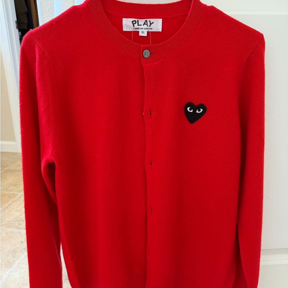 Comme des Garcons PLAY Red Button-Front Cardigan with Black Heart Patch